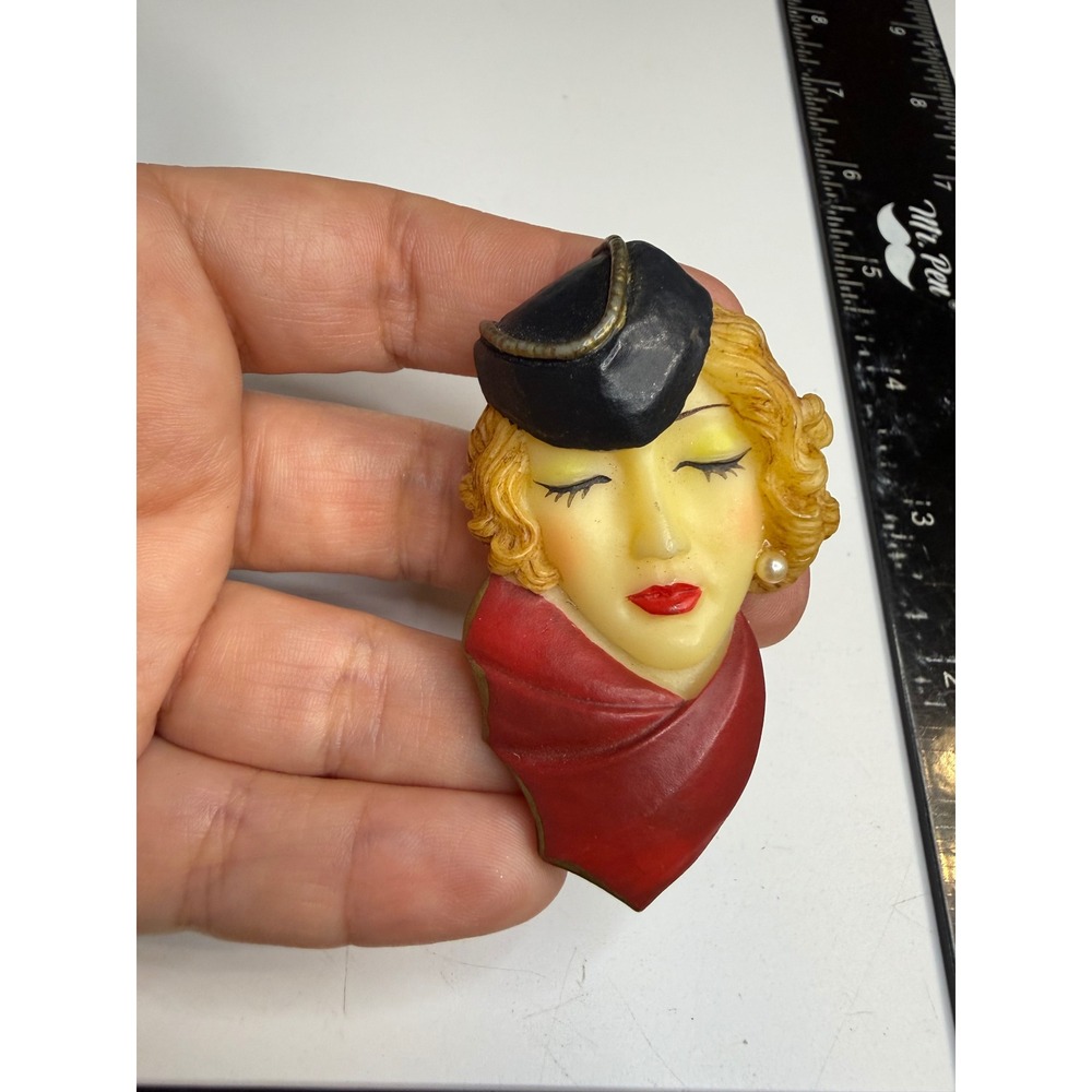 Vintage Flapper Girl Face Brooch Art Deco Style Lady Mask Pin Red Scarf Hat